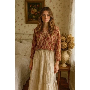 Camicetta vintage Coldwater Creek cotone V#C341 autunno floreale Cottagecore Boho L - Foto 1 di 8