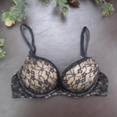Aerie Bra Womens 32A Black Nude Lace Padded Underwire Push Up Balconette - Image 1 of 4