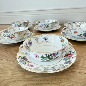 victoria czechoslovakia Set Of 5 Soup Bowls & Saucers Plates Floral Gold Scroll - Picture 1 of 9