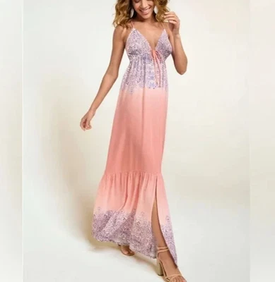 Venus Maxi Dress Linen Blend Plunge V Neck  Ruffle Hemline Sexy Boho Resort Sz 8 - Image 1 of 2