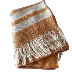 West Elm Textured Orange and White striped Blanket NWOT Acrylic accent throw - Picture 1 of 3