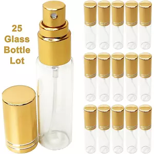 Lot 25 travel size 10ml 0.34oz empty glass spray bottles gold atomizer lined cap - Picture 1 of 5