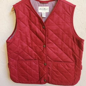 Eddie Bauer Vest Womens XL Red Quilted Cotton Puffer Snap Plaid Lining Pockets - Picture 1 of 7