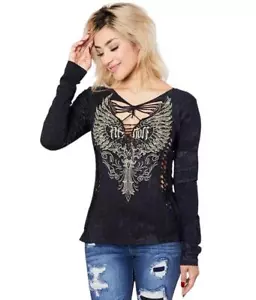 New Womens Affliction Nicolette L/S Rhinestone Cross & Wings T-Shirt Top XS-XXL - Picture 1 of 1