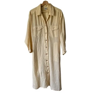 Sugar Linen Shirtdress Duster Pale Yellow Pockets Lagenlook Button Down Collar - Picture 1 of 14