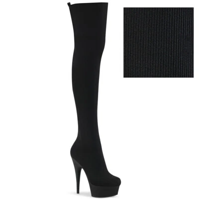 PLEASER DELIGHT-3002-1 Women's 6" Heel Platform Pull-On Stretch Knit Thigh Boots - Image 1 of 4