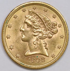 1908-P $5 Liberty Head Half Gold Eagle AU Pre-33 US Coin