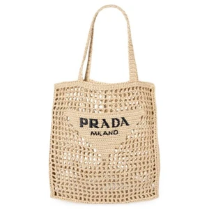 69832 auth PRADA natural raffia LOGO CROCHET Tote Bag - Picture 1 of 10