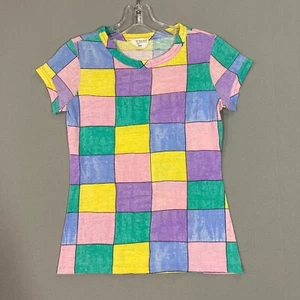 Vtg 70s Womens T Shirt All Over Print Size S Rainbow Pastel Short Sleeve Rare - Picture 1 of 7