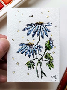 ACEO Original Botanical Daisies Art Card in Watercolor Small Painting Artwork - Picture 1 of 4