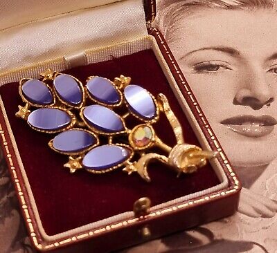 Vintage Brooch 1950s Blue Thermoset Gold Tone Ab Large Pretty Costume Jewellery