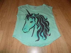 Girls Size 10 Justice Aqua Marine Metallic Silver Unicorn Summer Shirt Top EUC - Picture 1 of 4
