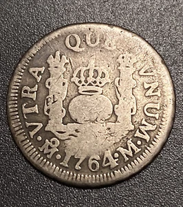 Escasa 1 Real México 1764 Mo Dos Mundos Pilar Primera Moneda de Plata de EE. UU. - Imagen 1 de 7