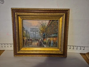 Dipinto olio originale P. Hunter scena di strada Parigi con cornice oro 15" x 13,5" - Foto 1 di 15