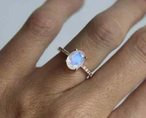 Oval Cut Natural Rainbow Moonstone 14K Rose Gold Plated Silver Engagement Ring - Picture 1 of 11