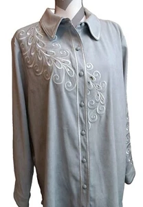 Women’s Plus Size Jacket 1X Bob Mackie Gray Faux Suede Button Up Embroidered - Picture 1 of 12