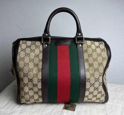 DAMAGED Gucci Beige/Brown GG Canvas and Leather Medium Vintage Web Boston Bag - Image 1 of 4
