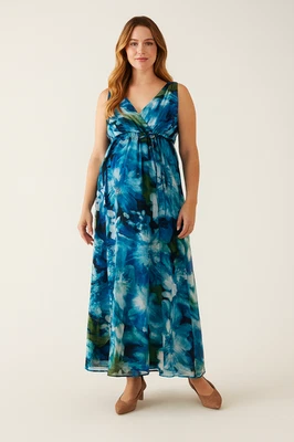Motherhood Floral Maxi Dress M V Neck Blue Green Watercolor Summer Sundress - Image 1 of 4