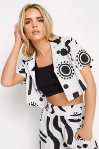 PixieGirl Petite Womens Abstract Print Linen Cropped Shirt - Picture 1 of 7