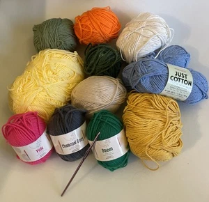 Multicolor Yarn Skeins Lot 12 Assorted Brands Some Partial Some New + Hook - Picture 1 of 9