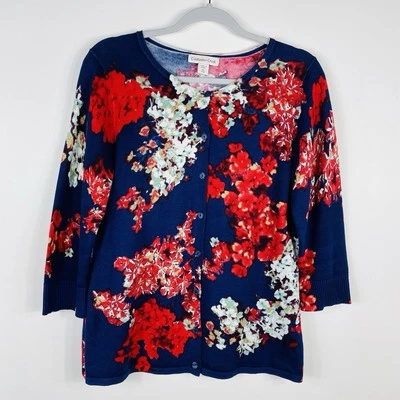 Coldwater Creek Size XS Floral Button Front Cardigan Sweater Navy Blue Red - Image 1 of 4