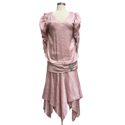 Crest Fashions Drop Waist Dress 12 Brooch Draped 80’s Prom Puff Handkerchief  - Image 1 of 4