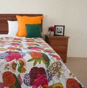 Indian Handmade Floral Print Kantha Quilt Blanket Bedding Bedcover Twin Blanket - Picture 1 of 5