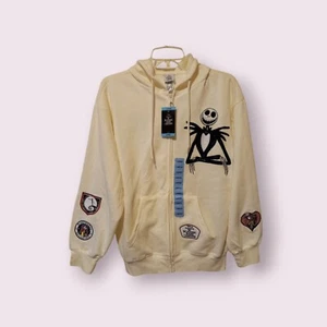 Disney Nightmare Before Christmas Womans LG Hoodie Full Zip Ivory With Patches - Picture 1 of 10