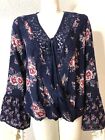 Altard State Womens Medium Peasant Boho Top Navy Floral Bell Sleeves Lace Trim