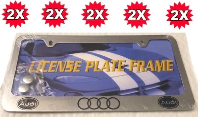 2x STAINLESS STEEL METAL LICENSE PLATE FRAME TAG COVER AUDI Screw Caps CHROME - Image 1 of 2