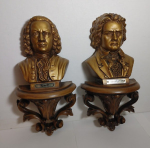 Vintage Burwood Bach and Beethoven Gold Bust on Wood Shelf, Syroco, 11.75"
