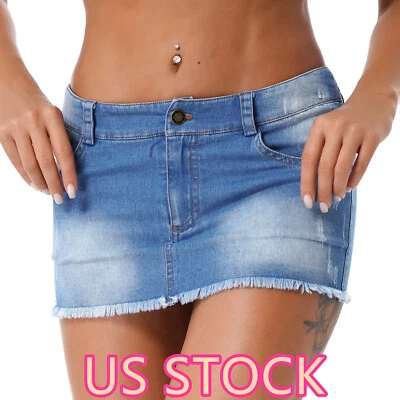 ·Women‘s Low Rise Denim Skirt Frayed Raw Hem Bodycon Jean Skirt with Pocket - Image 1 of 4