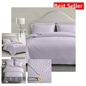 Chic Chevron Pattern King Quilt Set in Lilac Purple - Perfect for Home & Travel - Picture 1 of 8