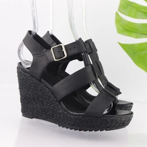 Clarks Womens Maritsa 95 Glad Sandal Size 8 Black Leather Wedge Heel Espadrille - Picture 1 of 12