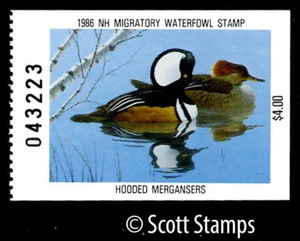 NH4 1986 New Hampshire Duck Stamp - MNH - Hooded Mergansers Artist: Durrant Ball - Picture 1 of 1