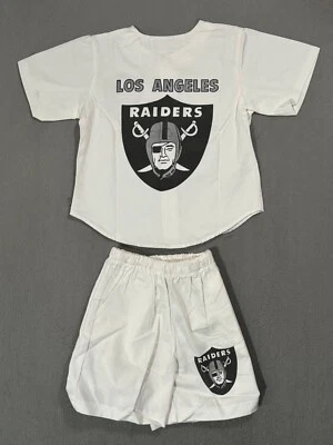 Los Angeles Raiders Vtg 80s 2 Piece NFL Button T Shirt Jersey Shorts YOUTH Kid M - Image 1 of 4