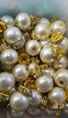100 pcs  Ivory pearl Bead With Gold Rings buttons for Sewing craft projects 10mm - Image 1 of 3