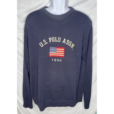 US Polo Assn USA Flag Knit Sweater Pullover Size XL Blue All Cotton Vintage 90s  - Image 1 of 4