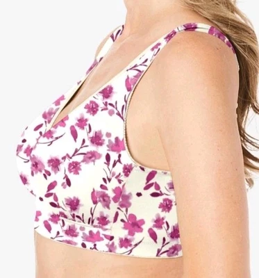 Sutiã Comfort Choice floral sem fio tamanho 52DDD rosa branco alça larga fecho traseiro - Imagem 1 de 4
