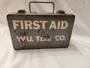 Vintage Western Union & Johnson And Johnson Metal FIRST AID Wall Mount Kit Box - Picture 1 of 12