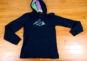 Vintage Emerica Skateboarding Tye-Dye Logo Black Hooded Sweatshirt Small - Picture 1 of 6