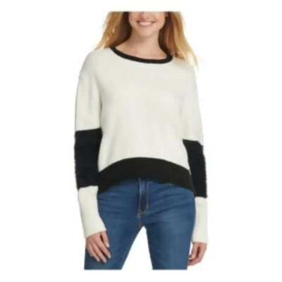 NWT DKNY Womens SZ XLarge White Black Colorblock Oversized Eyelash Elbow Sweater - Image 1 of 4