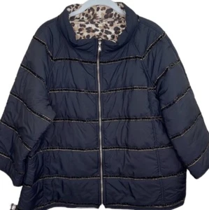 Chico's Reversible Puffer Jacket Black/Animal Print L 12/14 - Picture 1 of 9