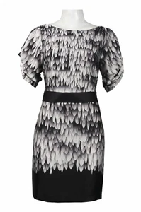 Suzi Chin Gray Feather Print Belted Ruched Sleeved Dress - Picture 1 of 1