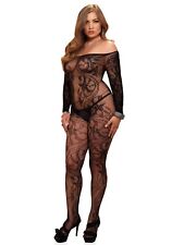 Black Spiral Lace Off The Shoulder Long Sleeved Bodystocking, Plus Size, 14-18