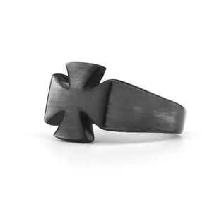 Black Brushed Vintage Cross Ring Men's Titanium Steel Cross Flower Wedding Ring - Picture 1 of 6