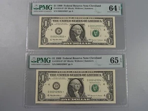 2 CU Crisp Consec Serial # ⭐STAR⭐ $1 FRN 1999 Notes PMG CU64,65EPQ Fr#1924-D⭐Cle - Picture 1 of 20
