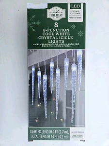 HOLIDAY TIME 8pc 8-FUNCTION COOL WHITE CRYSTAL ICICLE LIGHTS - NEW IN BOX - Picture 1 of 4