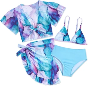 Girls 12 Swimsuit Bikini 4 Piece Set Cover-Up Sarong Purple Blue Pink USA SELLER - Picture 1 of 11