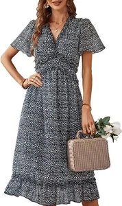 Kirundo 2023 Women's Summer Casual Ruffle Short Sleeve V Neck Boho Floral Large - Picture 1 of 4